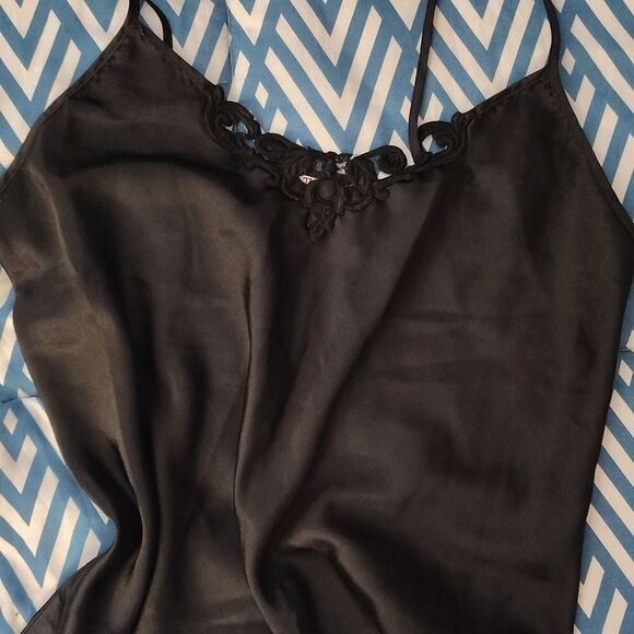 VTG 80s Black Satin Floral Crochet Mini Intimates Slip Dress Size Large - Picture 2 of 12